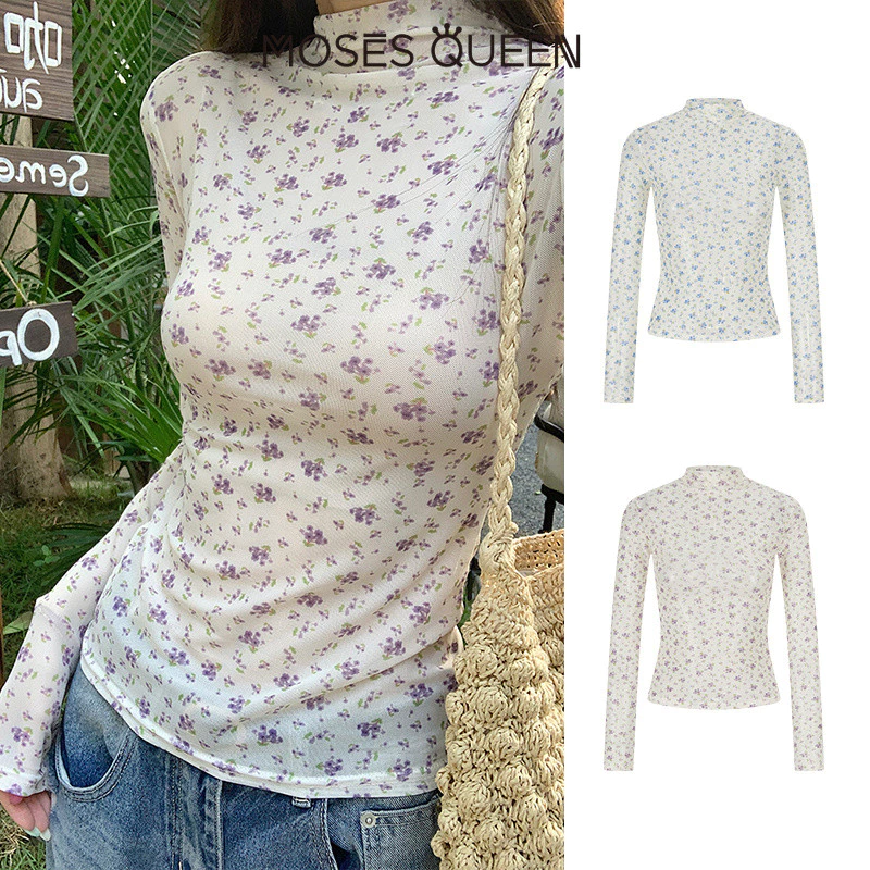 MOSESQUEEN มอสส์ ราชินี ครึ่งแขนเสื้อยืดแขนยาวลายดอกไม้กึ่งโปร่งใสแบบบางเหมาะกับฤดูร้อนเป็นชั้นในหรือเป็นชั้นฐานสําหรับกระชับสัดส่วน #63624