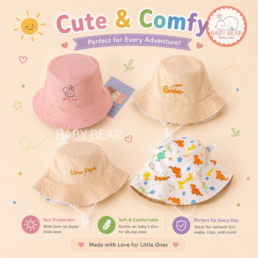 หมวกกันแดดเด็ก หมวกบักเก็ตเด็ก ลายการ์ตูนสุดน่ารัก กันแดด ใส่ได้ 2 ด้าน รอบศีรษะ52-54cm