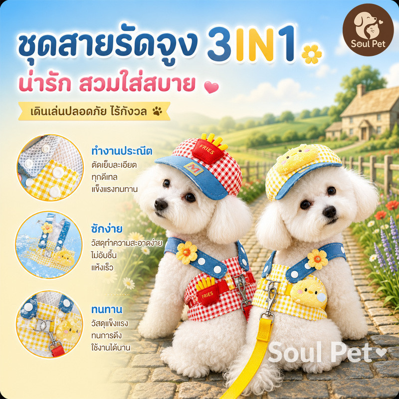 🐱🐶สายจูงสุนัขชุ ชุดหมาสไตล์การ์ตูนน่ารัก 3pcs สายจูงแมว กลางแจ้ง ระบายอากาศด หมวกกันแดดสัตว์เลี้ยง