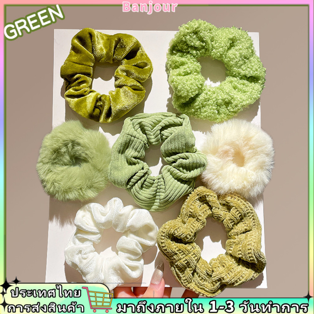 เซต 7 ชิ้น.Simple Plush ยางรัดผมขนาดใหญ่ ยืดหยุ่น สไตล์ผู้หญิง