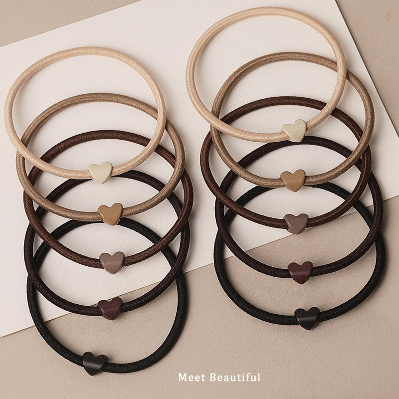 เซ็ตยางรัดผมหัวใจสไตล์อ่อนโยน 5 ชิ้น สีนมกาแฟ ความยืดหยุ่นสูงไม่ทำลายผม รัดหางม้าคงทนสไตล์เรียบง่ายมีเสน่ห์