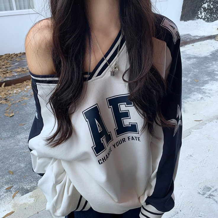 MISS SUMEY เสื้อสเวตเตอร์ ผู้หญิง สไตล์เกาหลี ลายพิมพ์ แขนยาว สตรีท โอเวอร์ไซส์ ลายทาง ท็อป