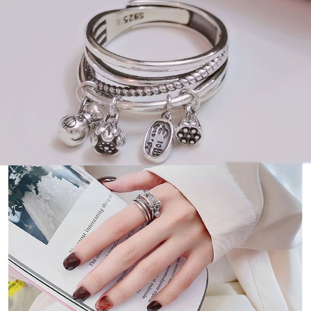 S แหวนเงินแท้กระเป๋าเงิน Lotus Lotus Lotus Lotus Lotus Lotus Lotus Lucky Fortune จี้ Lotus Retro ชาต