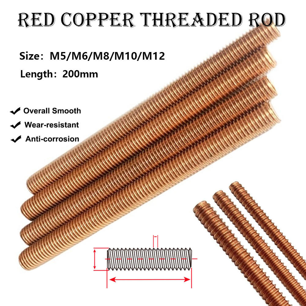 1 Pcs Full Threaded Coppers Rod Stud T2 - M5, M6, M8, M10, M12, 200mm Coppers Screw