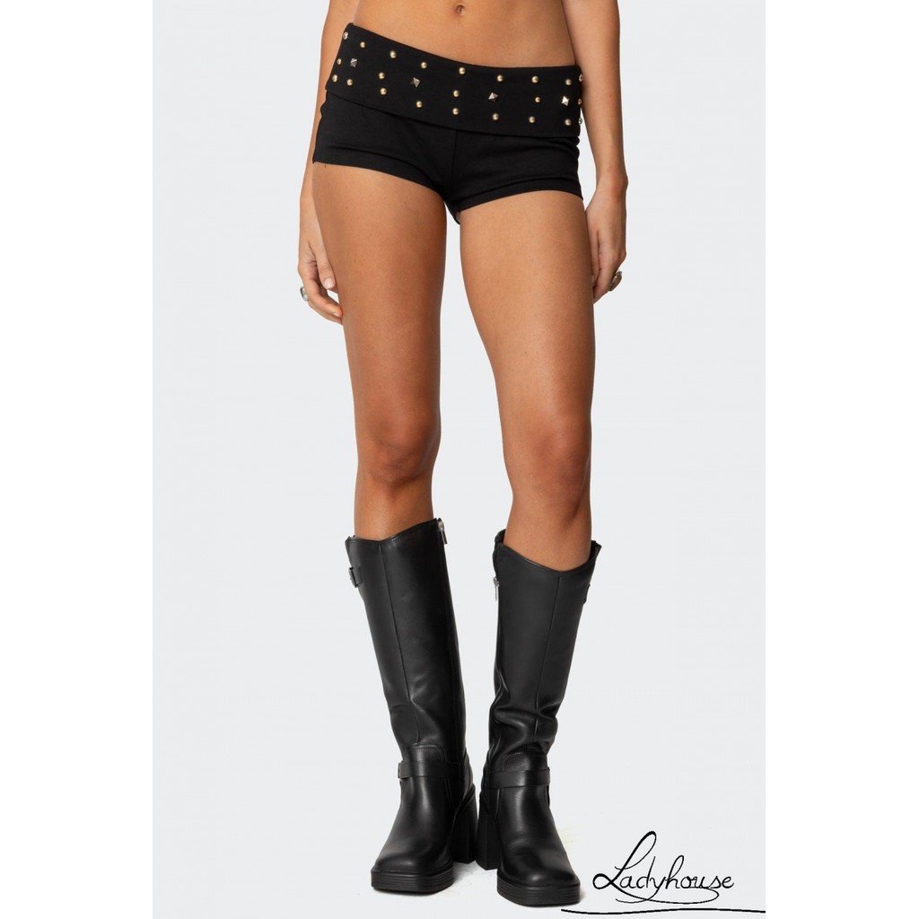 LDD-Women Y2K Studded Foldover Vintage Low Waist Slim Fit Micro Shorts