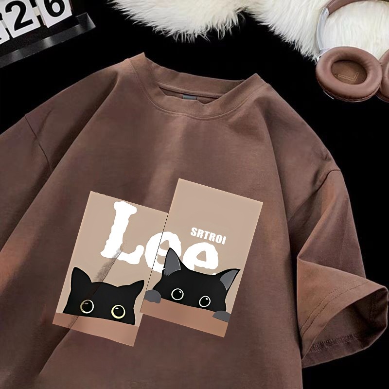 เสื้อยืดผู้หญิง Elhous Lee Cat เสื้อยืดแขนสั้นขนาดใหญ่สไตล์เกาหลีผู้หญิงเสื้อผ้าฝ้ายเสื้อยืดล่าสุดผู