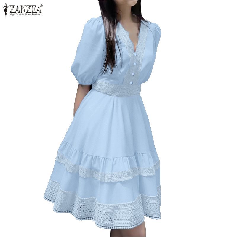 ZANZEA ผู้หญิงเกาหลีอ่อนโยนหวาน V คอพัฟแขนลูกไม้ Splicing Layered Ruffles A-Line ชุดเดรส