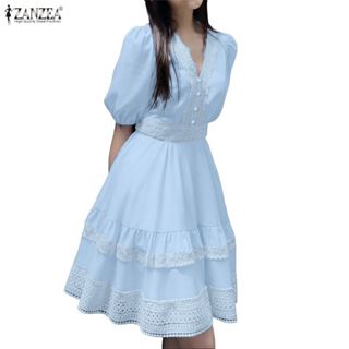 ZANZEA ผู้หญิงเกาหลีอ่อนโยนหวาน V คอพัฟแขนลูกไม้ Splicing La…