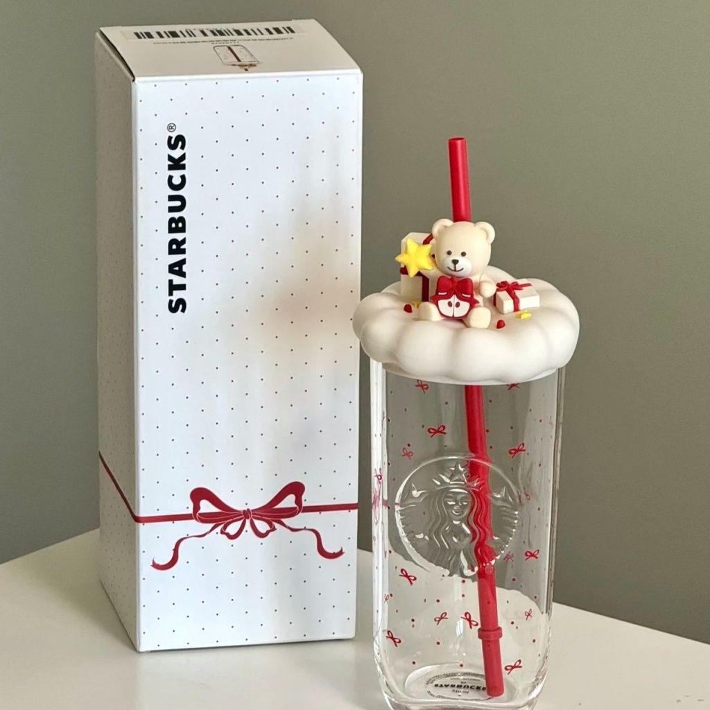 ★Ins Starbucks Bear Christmas Heart Triangle Straw Cup Bow Hot-ขาย Influencer Cup ถ้วยแก้วถ้วยกาแฟ