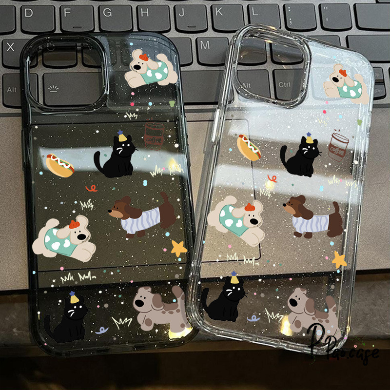 สำหรับ IPhone 17 16 11 13 14 12 15 Pro Max Air 7 8 15 16 Plus XR X กล่องแป้งกลิตเตอร์รูปสุนัข แมว ดัชชุนด์ ลายจุดน่ารัก