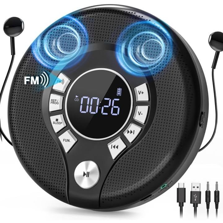 เครื่องเล่นซีดีพกพาพร้อมแบตเตอรี่ชาร์จ 2000mAh, เครื่องเล่นซีดีส่วนตัวสําหรับรถยนต์พร้อมAUX,CD Discm