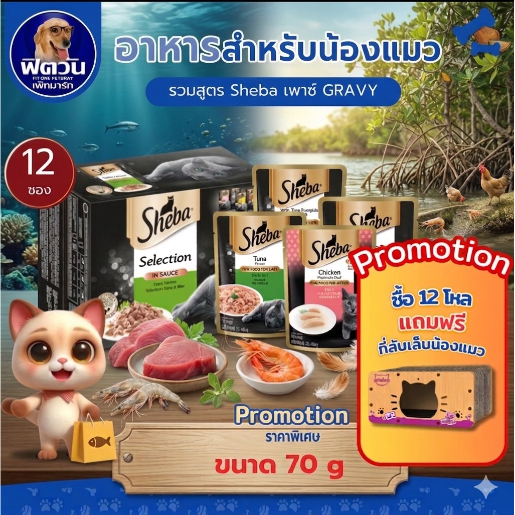 [X12ซอง] Sheba Pouch อาหารแมว ชนิดซอง 70g. ช่วงอายุ แมวโต 1 ปีขึ้นไป{อาหารเปียกแมว}