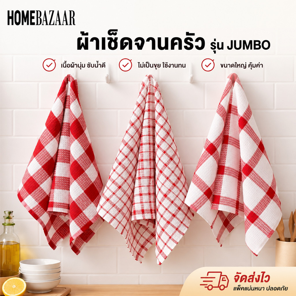 ผ้าเช็ดจานครัว รุ่น JUMBO ซับนํ้าไว แห้งเร็ว ไม่เป็นขุย ขนาดใหญ่ 68×34 ซม. Kitchen Dish Towel