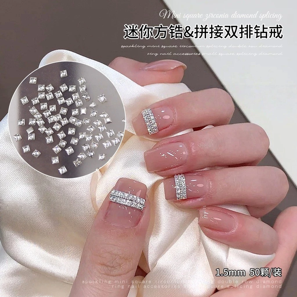 50 ชิ้นชุดอัพเกรดแหวนเพชรเล็บเพชร Strobe Influencer Mini ขนาดเล็กสแควร์แบนเพทายคู่แถวเล็บเพชร