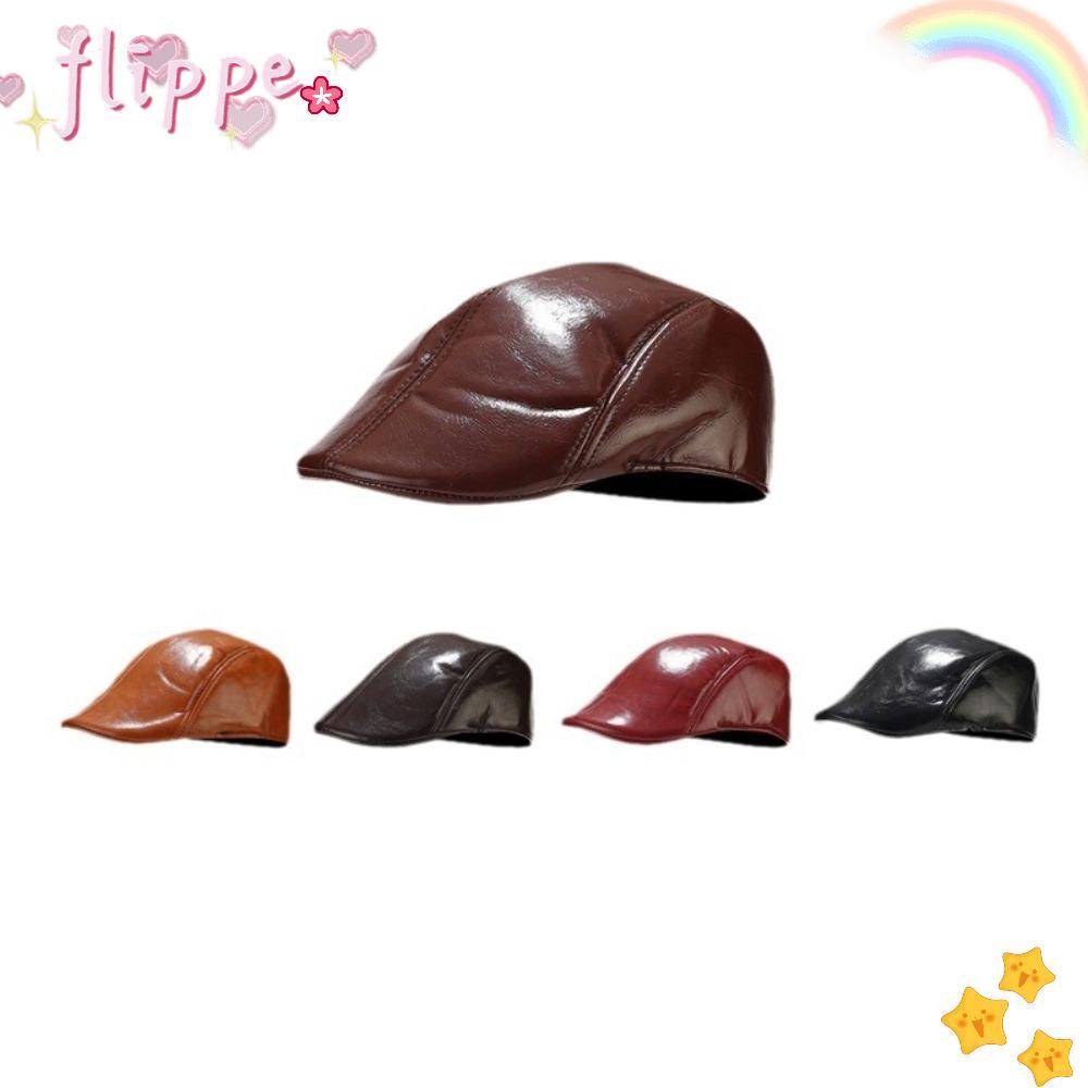 FIPE หมวกผู้ชาย, หนัง PU Keep Warm หมวกแบน, Retro สีทึบ Hip Hop Berets ฤดูใบไม้ผลิฤดูใบไม้ร่วง