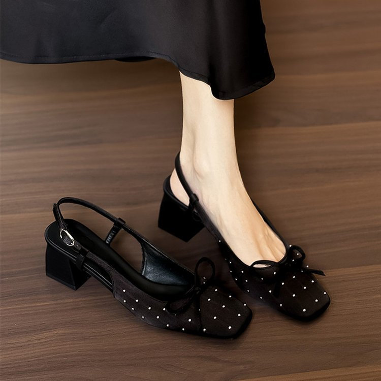 JINxCHOY Retro Rivets ส้นหนากลับรองเท้าแตะที่ว่างเปล่าโบว์หัวเข็มขัด Mary Jane รองเท้าฤดูใบไม้ผลิฤดูร้อน Commuter รองเท้าผู้หญิงโรงงานขายส่งราคา