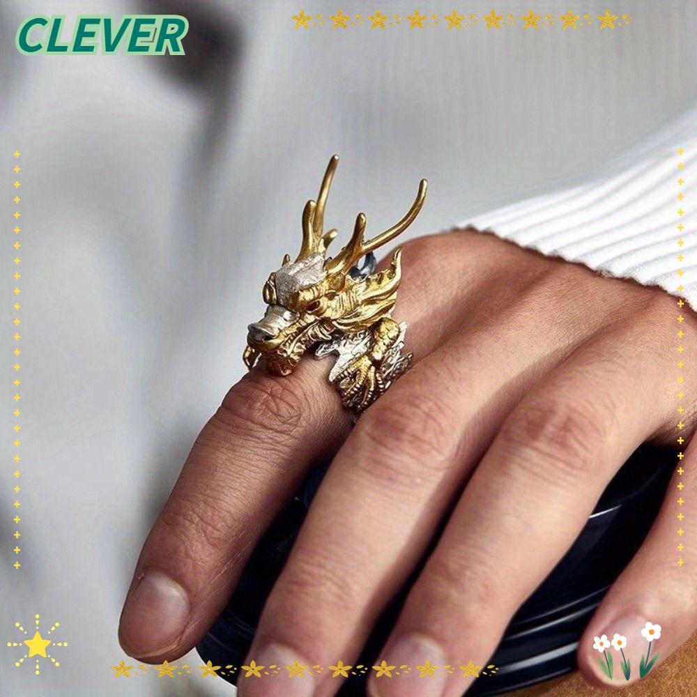 CLEVER แหวนมังกร, การออกแบบบรรเทาปรับแหวนหัวมังกร, Lucky Gold Plated Living Dragon Two Tone Dragon Shape แหวนผู้ชายเครื่องประดับ