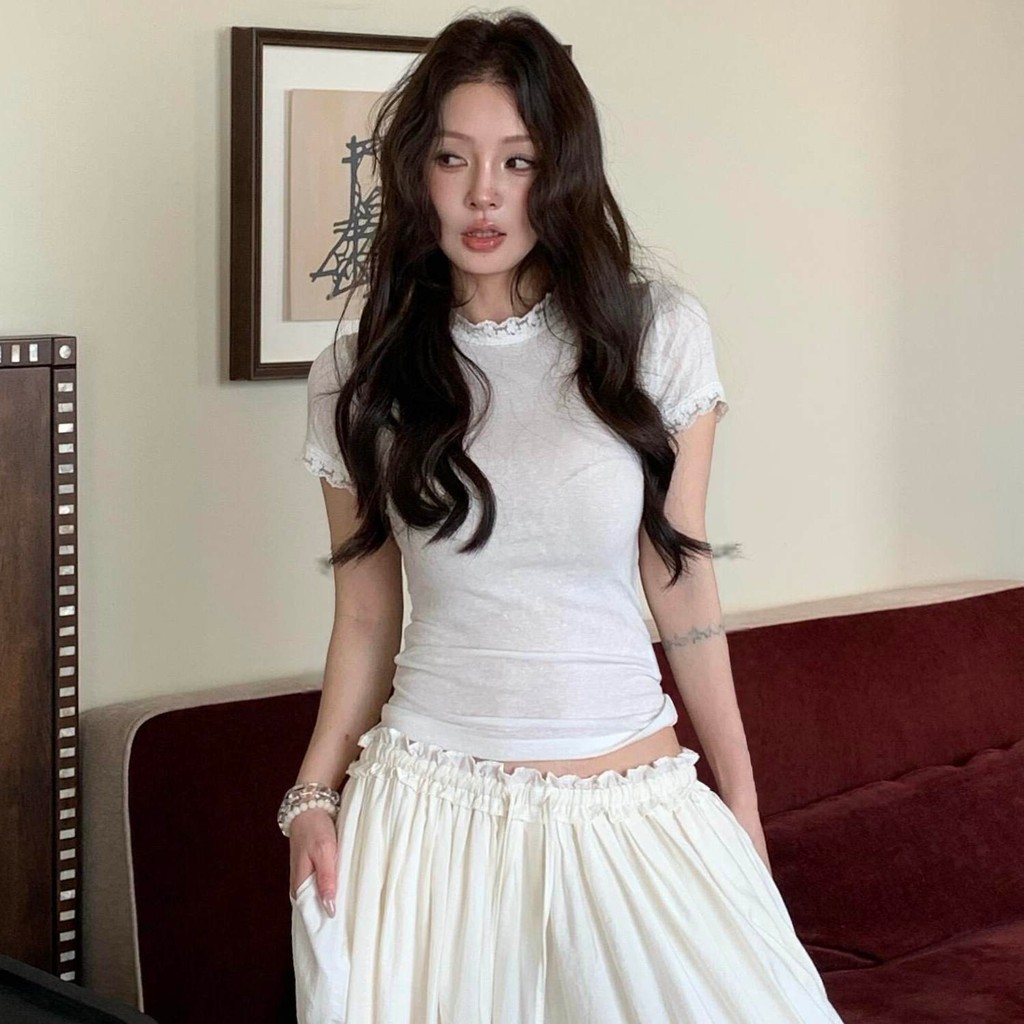 Original Snowflake Cotton Niche French Lace Top บางสั้น Slim-fit Slimmer ดูเสื้อยืดแขนสั้น Demarrier หมายเหตุ TMWJ