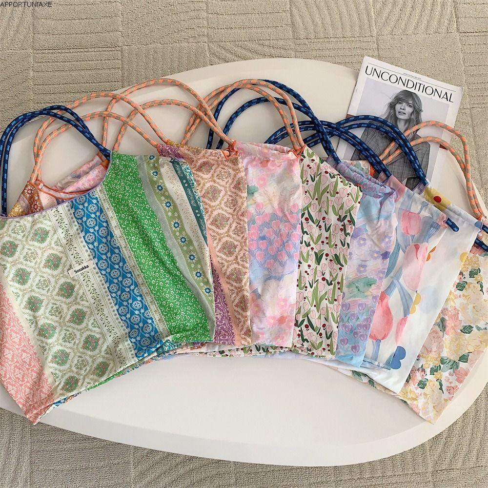 APPORTUNIAXE Drawstring Shopping Bag, Cotton Large Capacity Canvas Shoulder Bag, Floral Print Handheld Reusable Travel Tote Bag