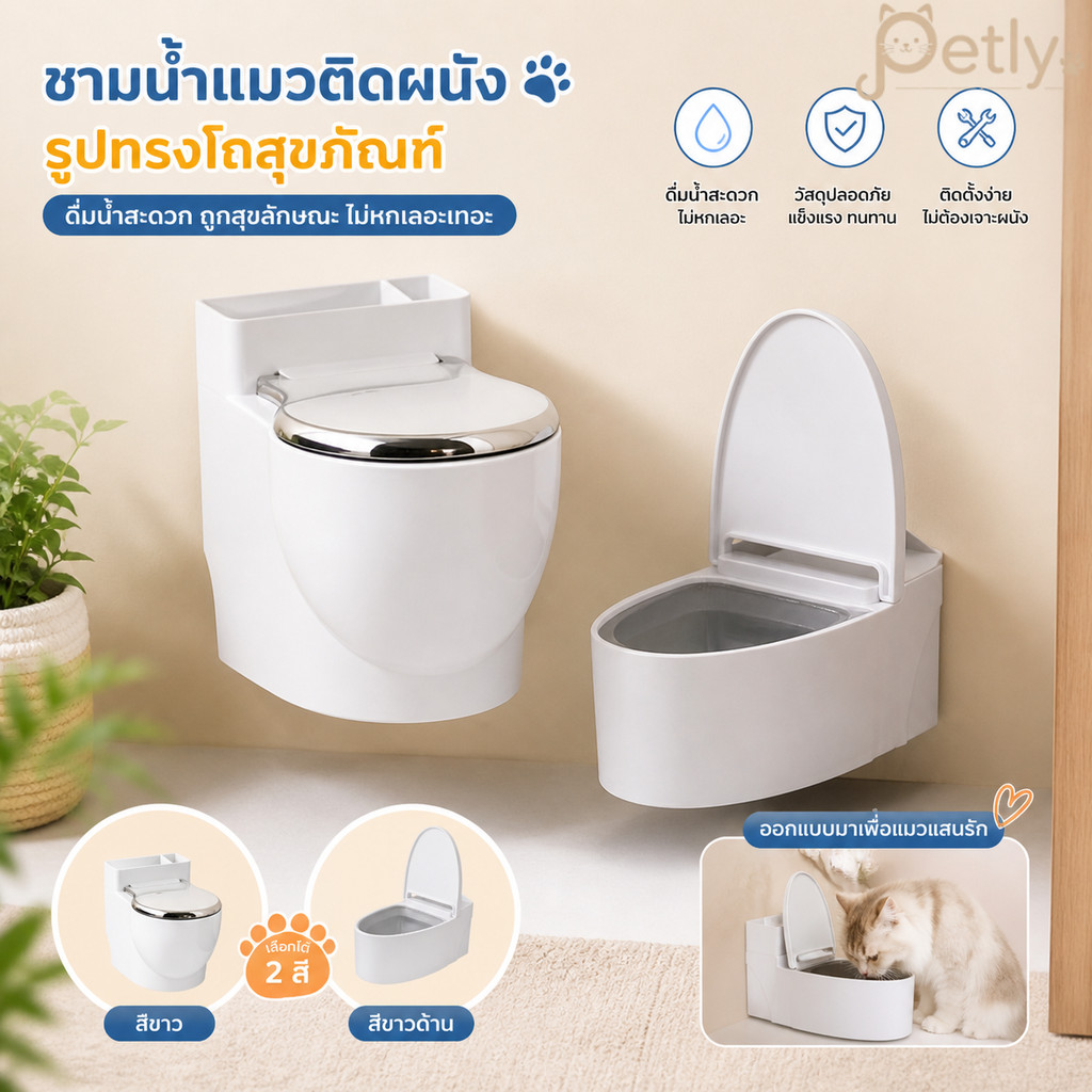 ชามแมวทรงโถส้วม ชามน้ำสัตว์เลี้ยงแบบติดผนัง