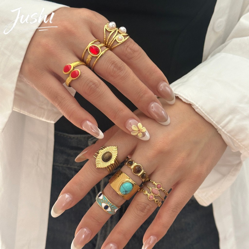 JUSHI Vintage Layered โบฮีเมียแหวน Hollow ดอกไม้หิน Y2K Party ความงามเครื่องประดับของขวัญสําหรับวัยรุ่นหญิง Stackable Statement Bling