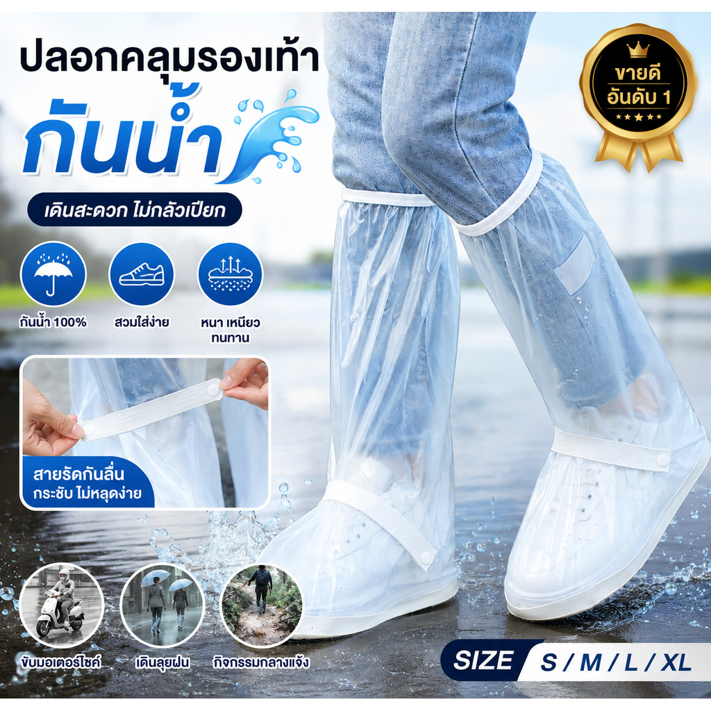 รองเท้าคลุมกันฝน กันน้ำ 100% ป้องกันรองเท้าเปียก พื้นกันลื่น ใช้ได้ทั้งชายหญิง แบบยาว กันฝน พกพาง่าย มี2สี 5ไซร์ให้เลือก