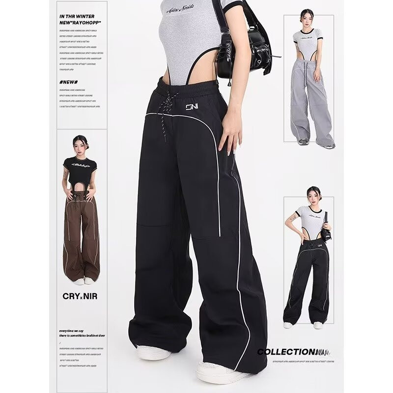 Stripe กางเกงขากว้างหลวมสําหรับผู้หญิง Aesthetic Baggy กางเกงผู้ชาย Hiphop กางเกงตัดตรง