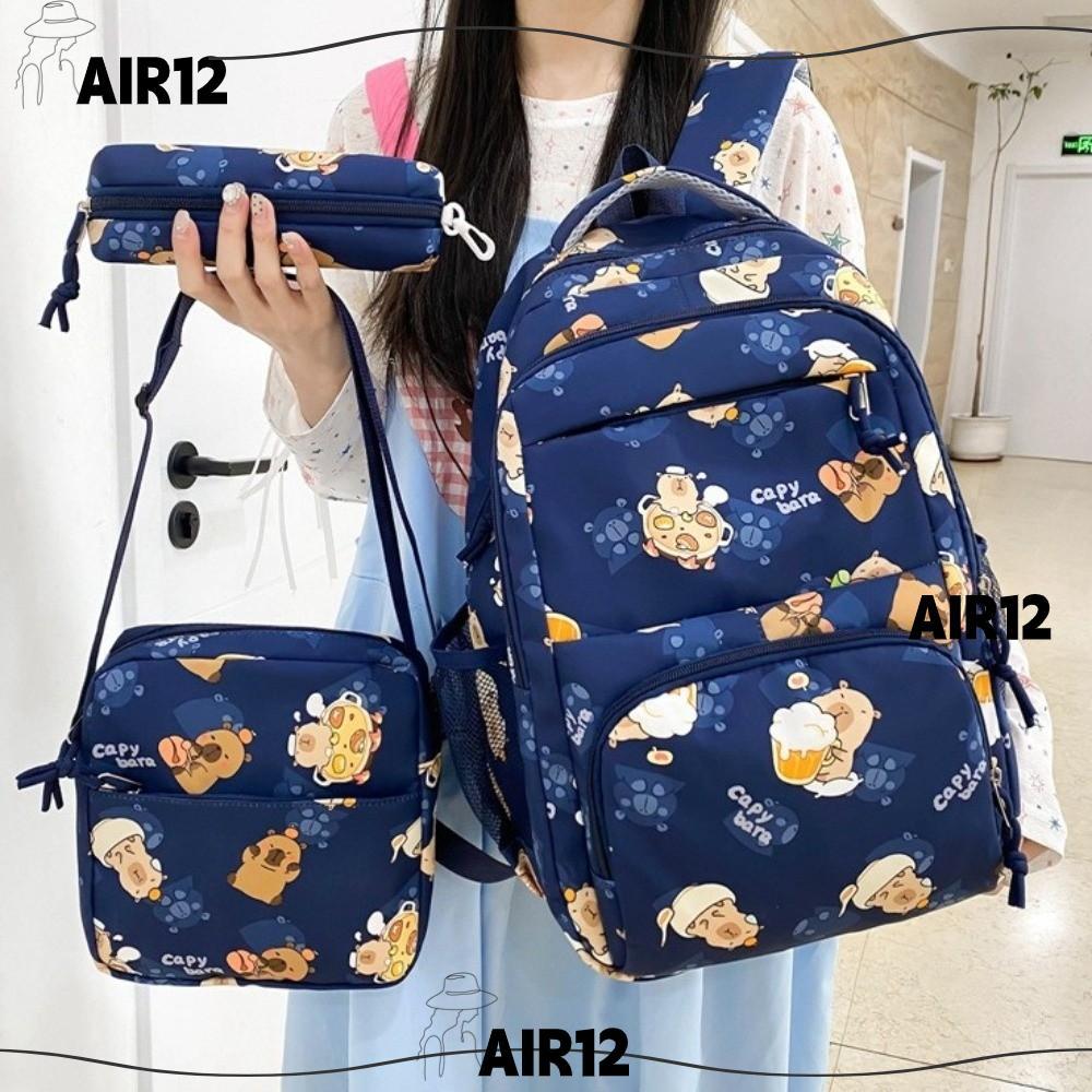 AIR 3 ชิ้น/เซ็ต Capybara กระเป๋าเป้สะพายหลัง,ไนลอนขนาดใหญ่ความจุนักเรียนกระเป๋านักเรียน,น่ารัก Tote และกระเป๋าน้ําหนักเบาการ์ตูนสัตว์ Daypack