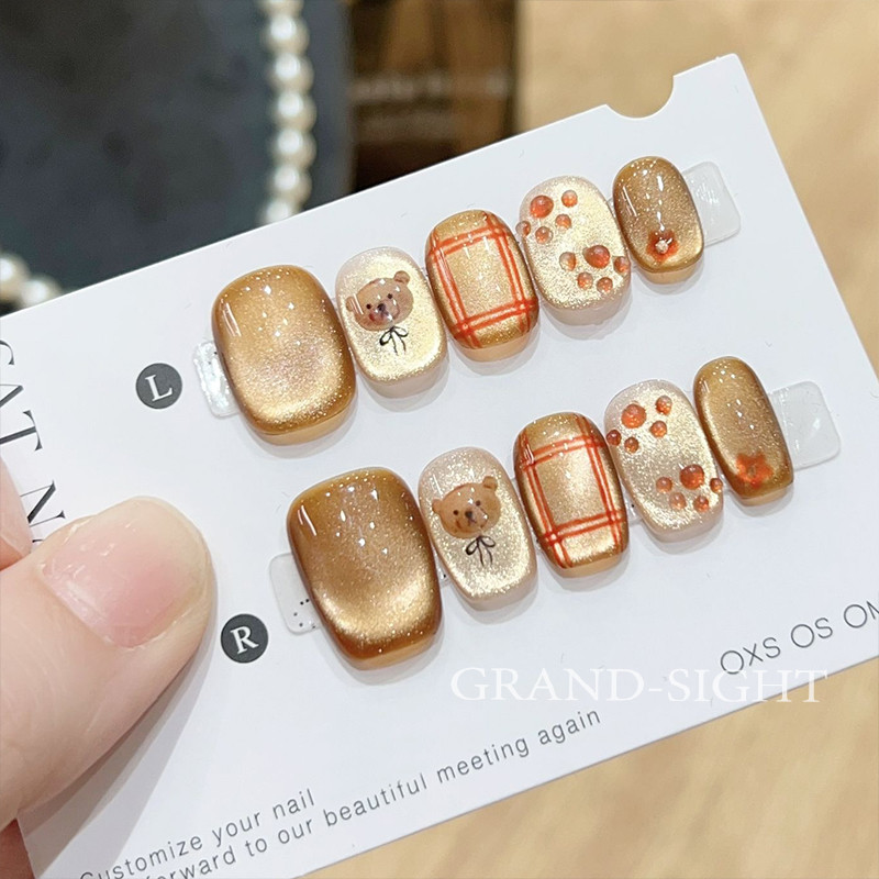 พร้อมส่งไทย เล็บปลอม แยกไซส์ สั้นกุด น้องหมี น้ำตาล สีลูกแก้วแคทอาย น่ารัก สไตล์เกาหลี 10 ชิ้น/ไซส์ M S XS ฟรีกาวสิลิโคน