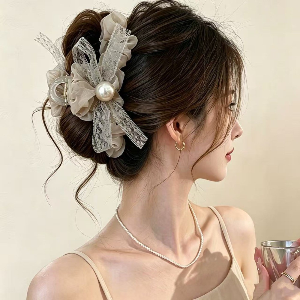 Mouga/French Elegant Bow Ball คลิปลูกปัด High-End Shark คลิป Classy Commuter Back Head Plate กิ๊บติดผมเครื่องประดับผม