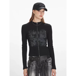 Vogue🌟พร้อมส่ง🌟 เสื้อแขนยาว คอกลม ดีเทลลายเท่ๆทรงรัดรูปพอดีๆ (FY1230)