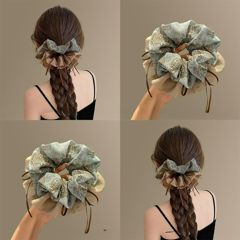 Vintage Lace & Checkered Scrunchies, Floral Print Bow Hair Ties, Sweet Coquette Style เครื่องประดับผม