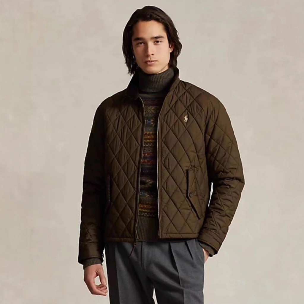 Ralph Lauren Solid Color Diamond Pattern Zipper Stand Collar Casual Cotton Jacket Coat