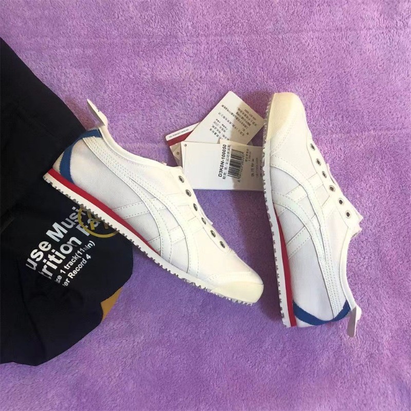 ญี่ปุ่น Original Tiger รองเท้า,คลาสสิกสีขาว/Blue Tail MEXICO 66 SLIP-ON ผ้าใบผู้ชายและผู้หญิงลื่นรอง