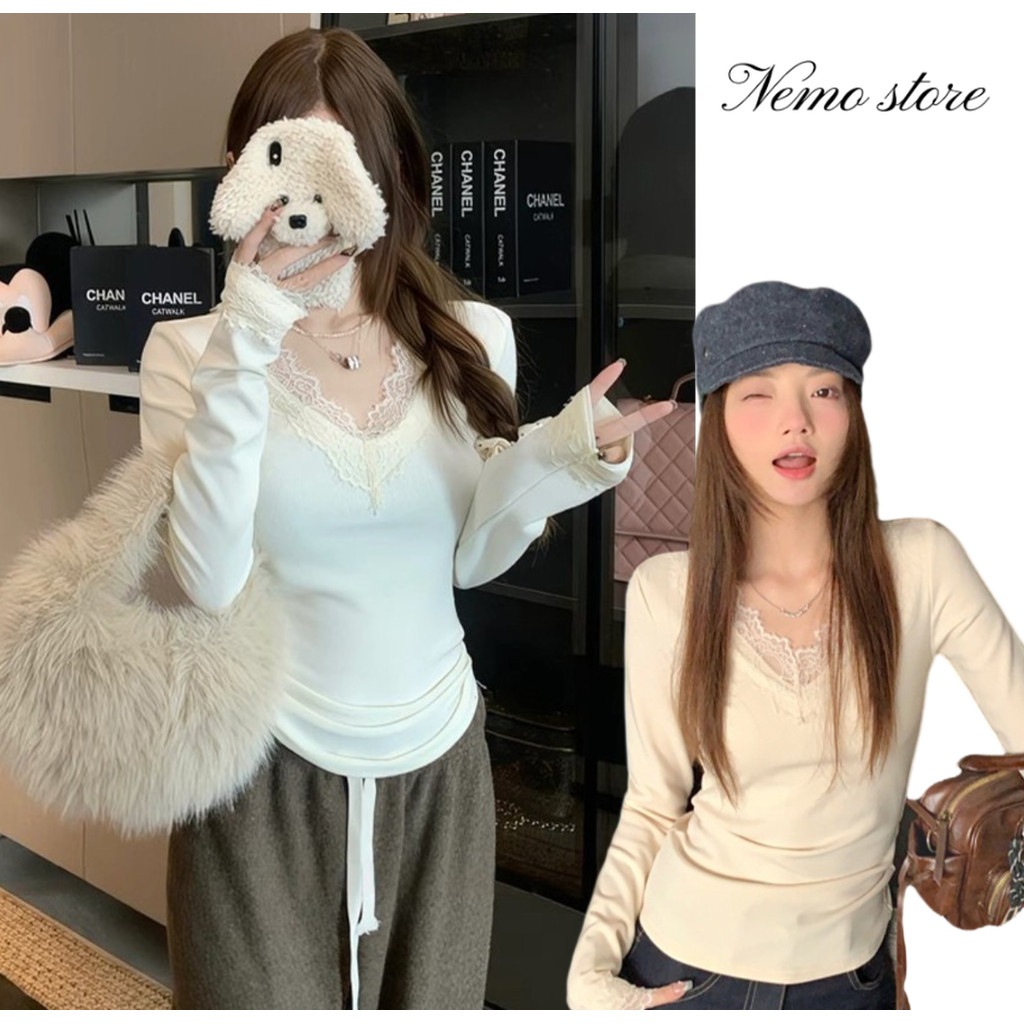 Nemo store #FY7856 เสื้อแขนยาว คอวี แต่งลูกไม้ สีพื้นสไตล์มินิมอล ใส่สบายมาก
