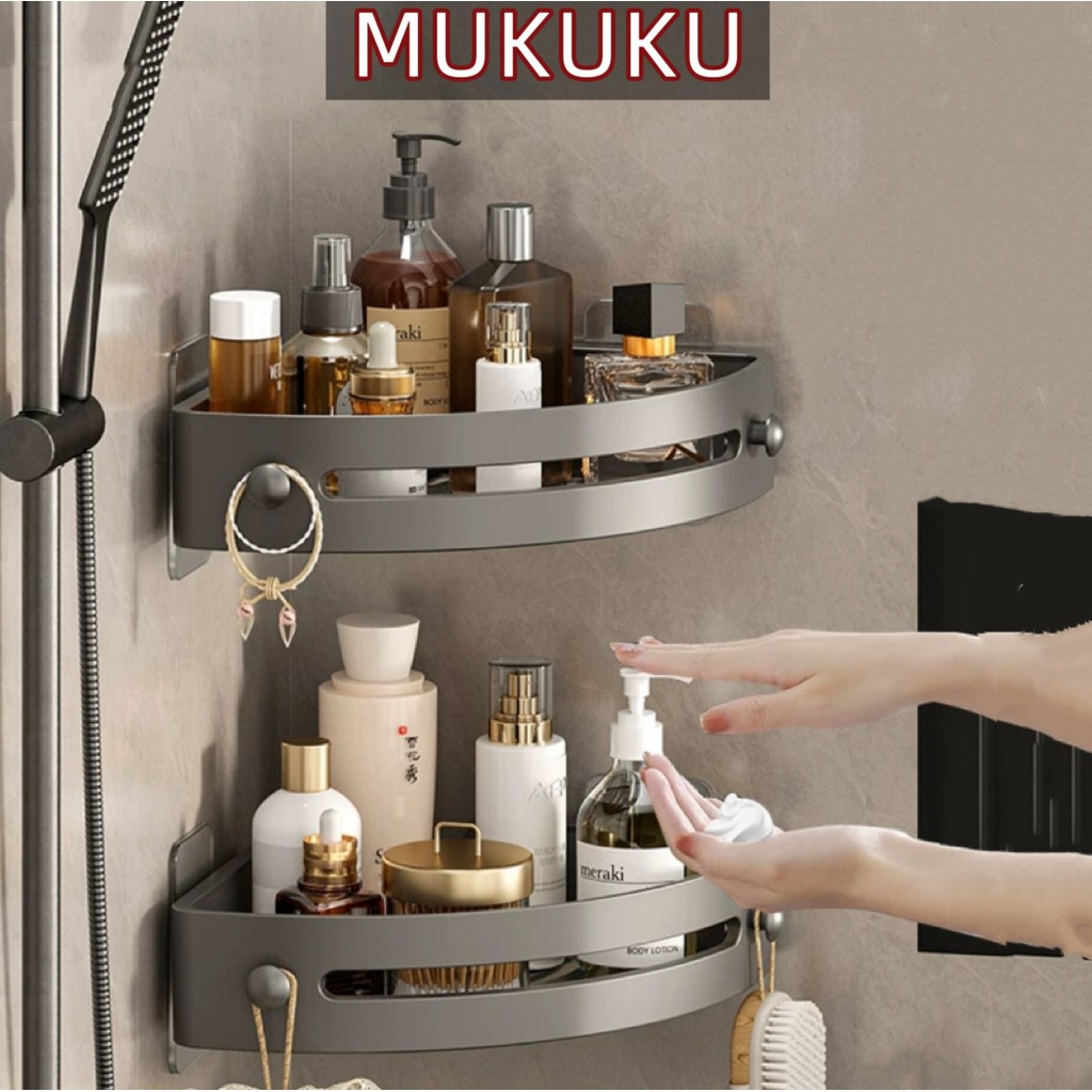 MUKUKU ชั้นวางของในห้องน้ํา ที่วางของเข้ามุมสามเเหลียม การติดตั้งแบบไม่ต้องเจาะ ชั้นวางอเนกประสงค์