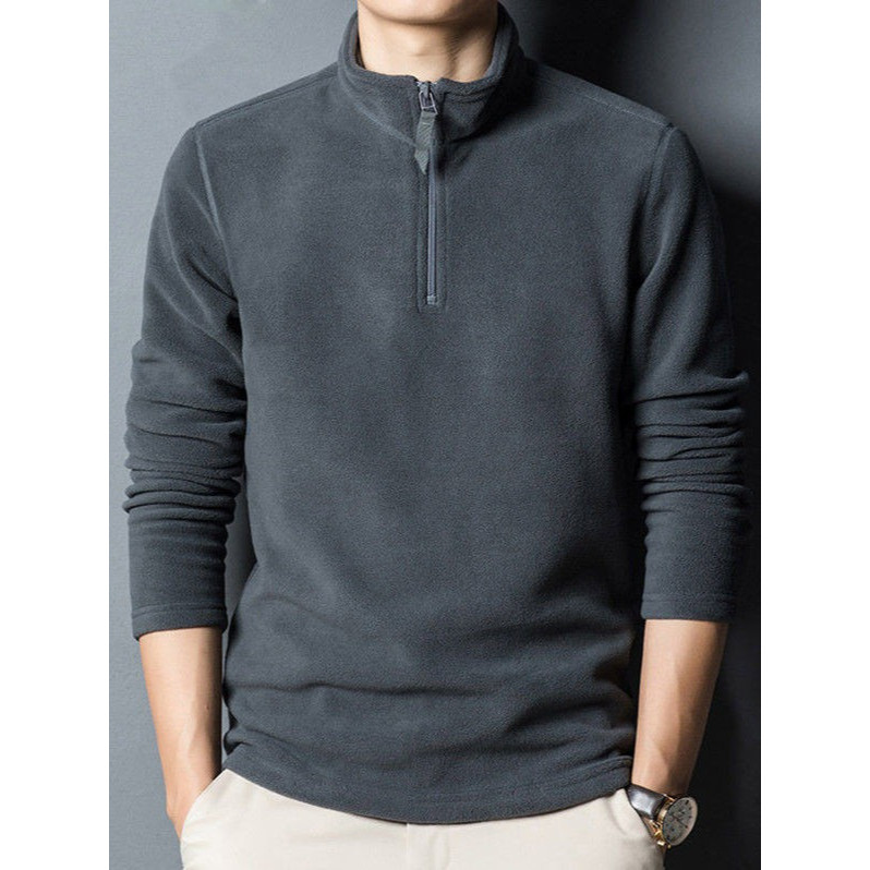 เสื้อยืดแขนยาว ฤดูใบไม้ร่วงและฤดูหนาว สีทึบ ขนาดใหญ่ คอปกมีซิปครึ่งตัว แฟชั่นบุรุษ