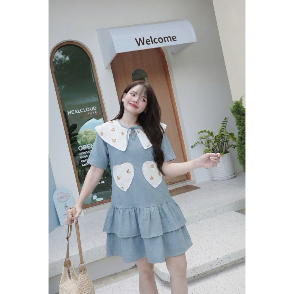 เดรส2ชั้นกระเป๋าน้องหมีลายหัวใจผ้าฝ้าย (ฮาร์ดบีทท)
