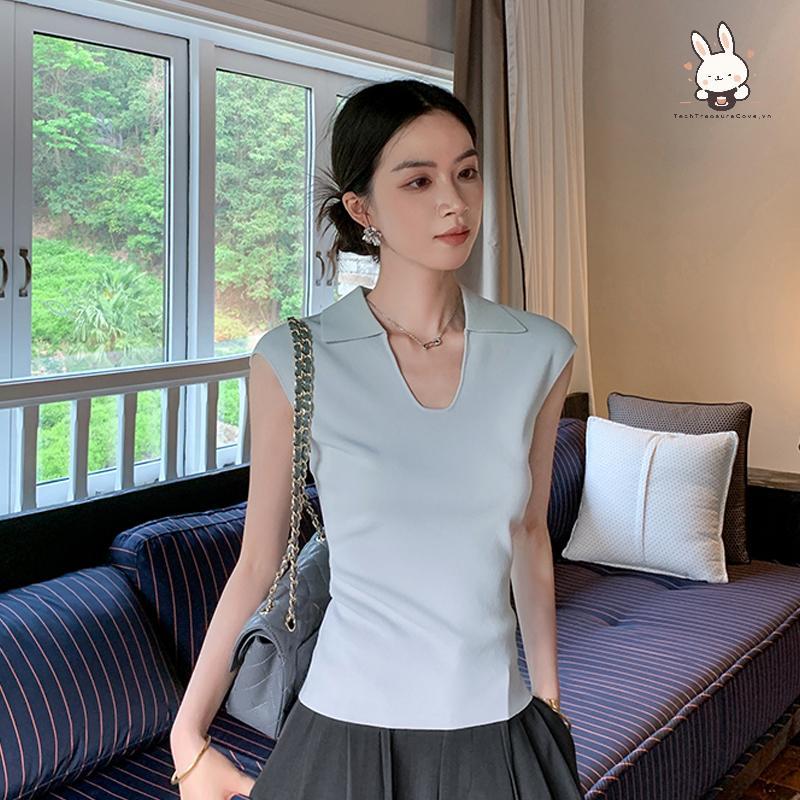 [Teh] เสื้อยืดแขนสั้นคอยูสีทึบฝรั่งเศสสําหรับผู้หญิง [VN]