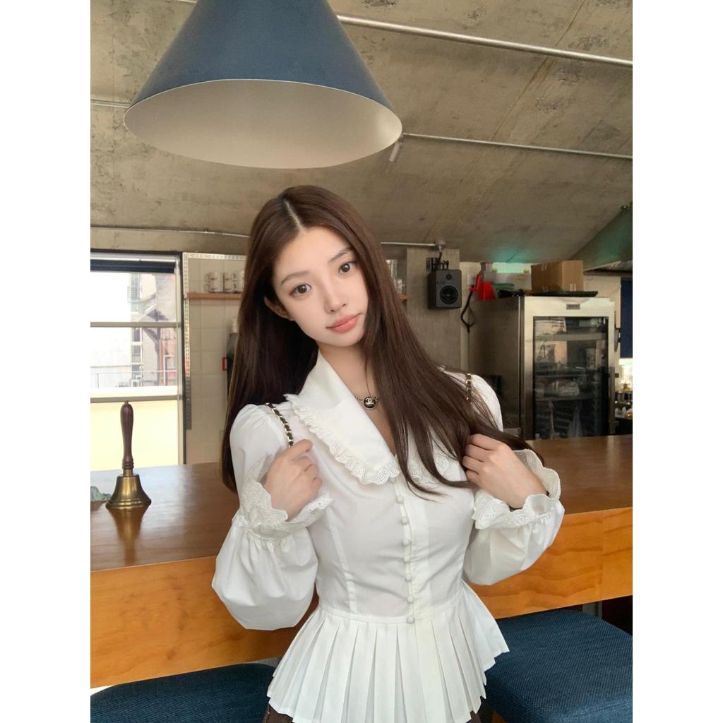 Chili Koko เสื้อผู้หญิงทรงเรโทร คอปกปีเตอร์แพน แขนพอง เอวเข้ารูป ชายเสื้อจีบ เสื้อแขนยาวแฟชั่นสไตล์เกาหลี W688 รูปที่ 6
