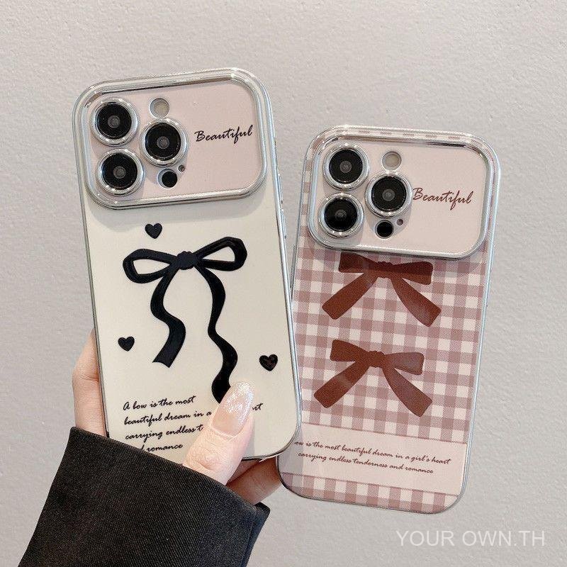 โบว์สีชมพูชุบหน้าต่างขนาดใหญ่สําหรับ iphone 15 14 13 11 12 16 17 17PRO 12PRO 17PROMAX 16PROMAX 13PLU