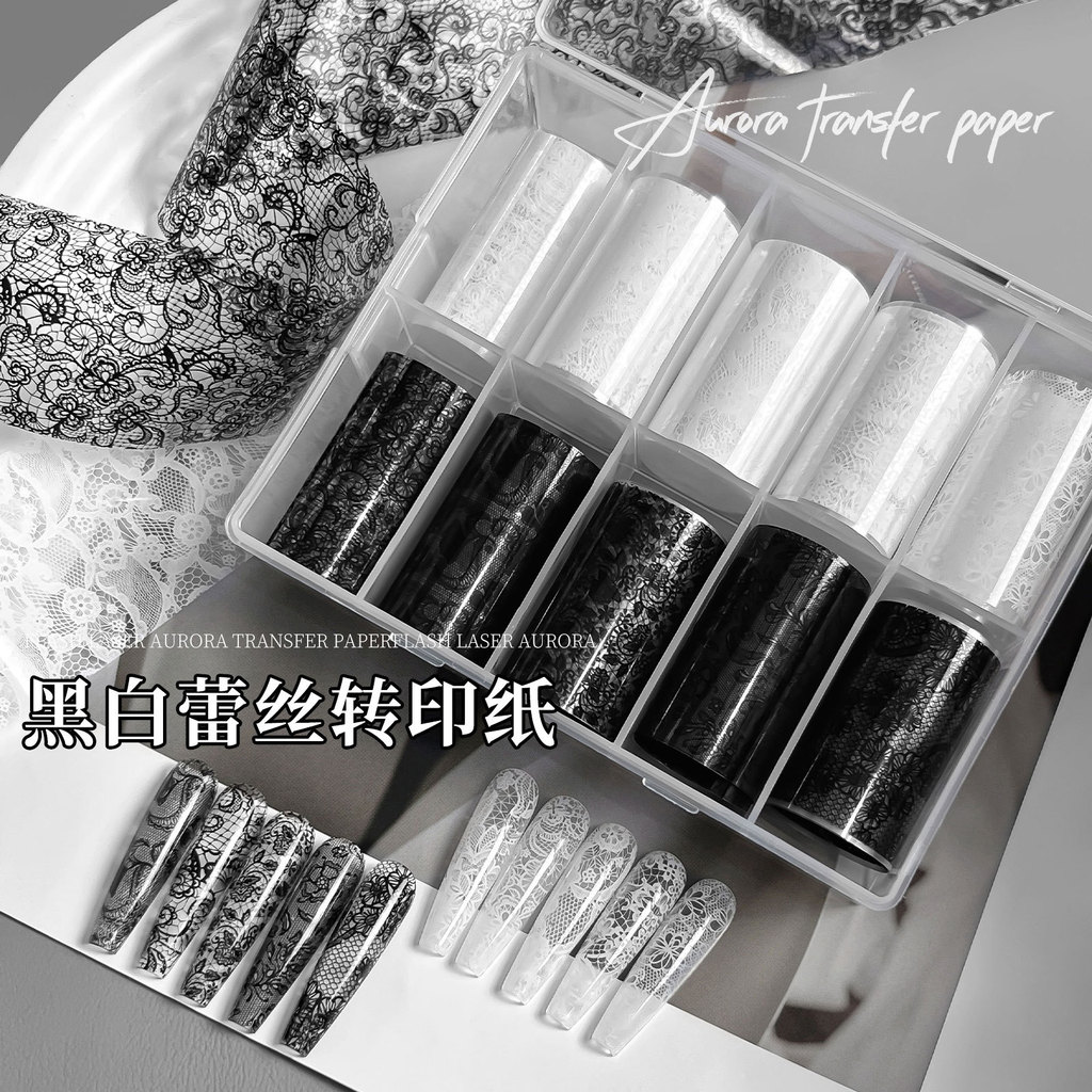 10กริดสีดําสีขาวลูกไม้เล็บโอนกระดาษกาวกลวงตาข่ายแบบตกแต่งเล็บสติกเกอร์