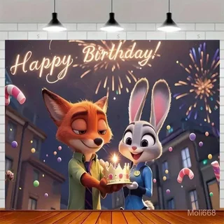 ฉากหลังผ้าสำหรับงานปาร์ตี้วันเกิดเด็กธีม Zootopia ตัวละคร Judy และ Nick ของขวัญธีมงานปาร์ตี้ ฉากหลังปรับแต่งได้