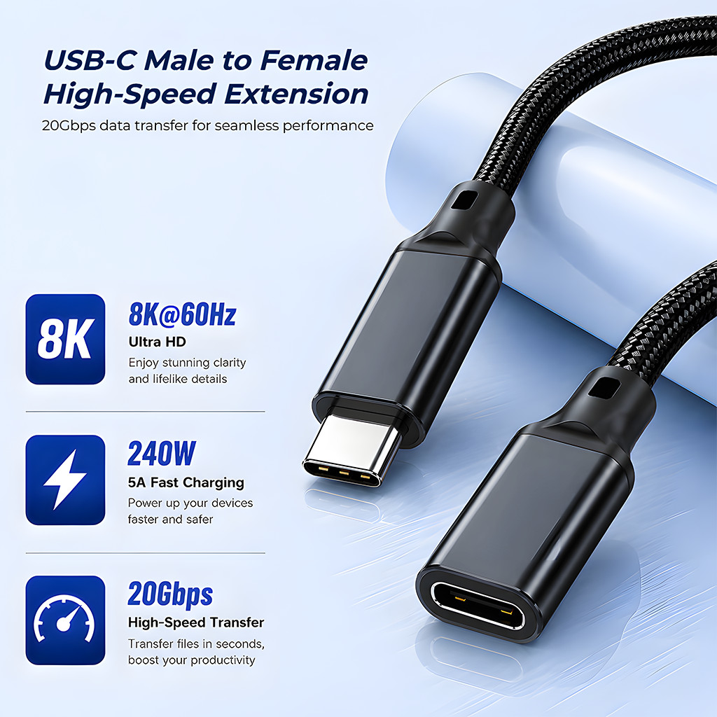 สายต่อ Type-C 20Gbps PD240W USB3.2 สายถัก เพิ่มความยาว รองรับ 8K สำหรับ มือถือ/แล็ปท็อป/โปรเจคเตอร์ ราคา ถูกที่สุด ดีลบีเคเค แกลเลอรีภาพที่ 2