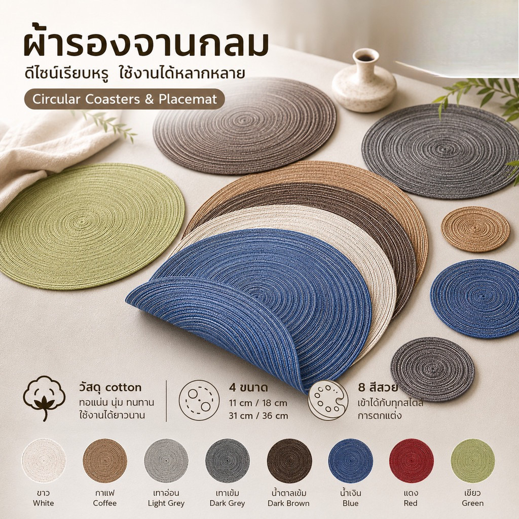 แผ่นรองจาน กลม - ที่รองจาน ทรงกลม coaster รองแก้ว ตกแต่งโต๊ะอาหาร คาเฟ่ ของใช้โรงแรม