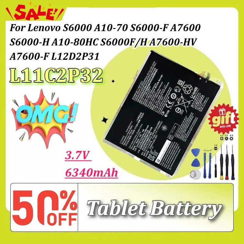 L11C2P32 3.7V 6340mAh แบตเตอรี่แท็บเล็ตสําหรับ Lenovo S6000 A10-70 S6000-F A7600 S6000-H A10-80HC S6