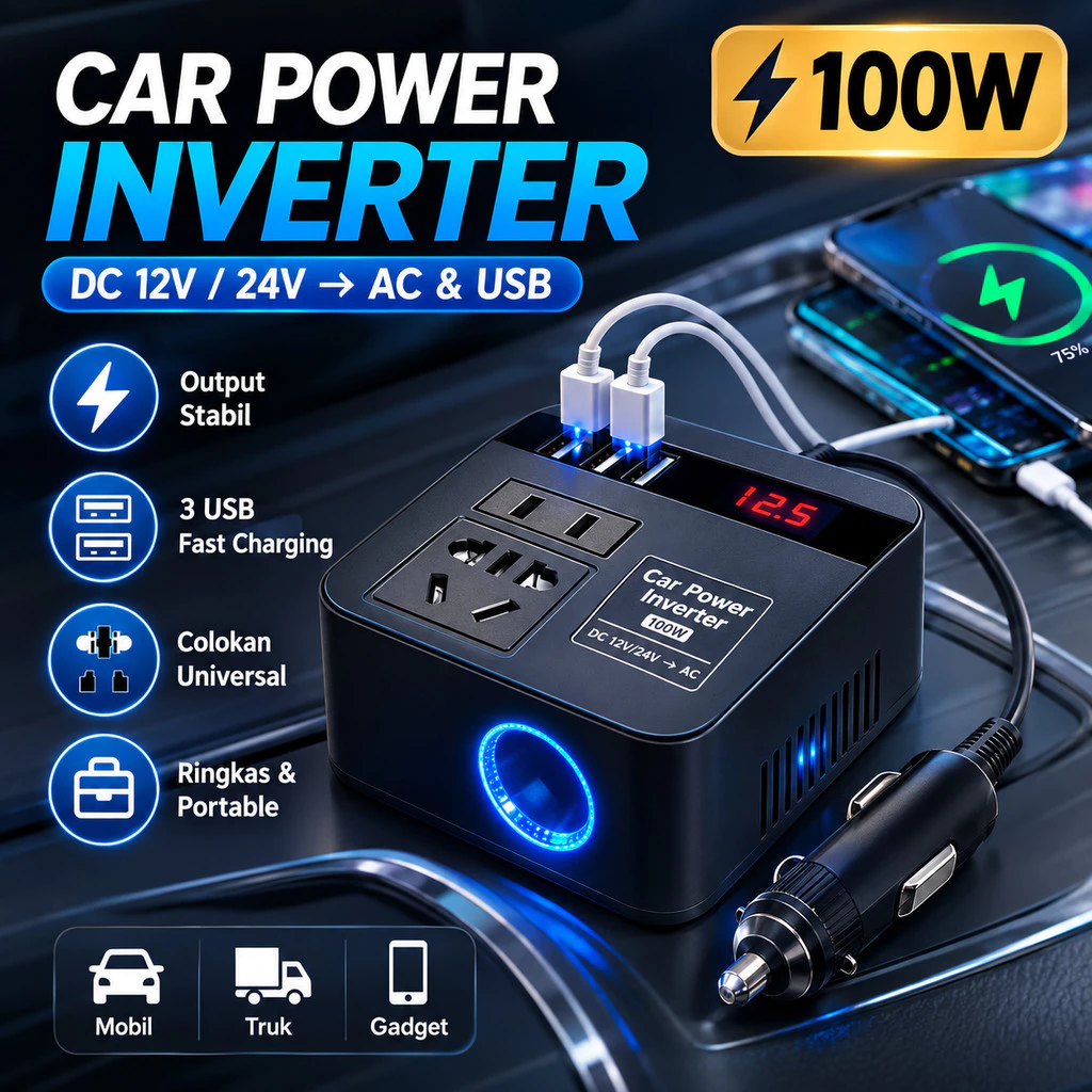 อินเวอร์เตอร์ปลั๊กไฟรถยนต์ 100W DC 12V/24V 3 USB