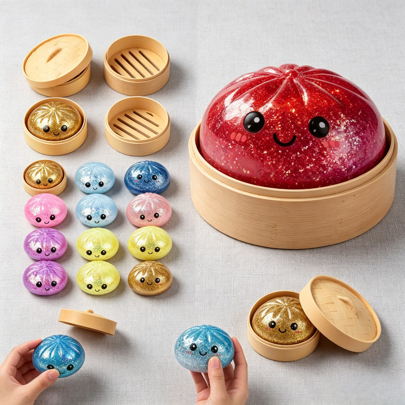 แปลกอาหารรูป Dumpling บีบของเล่น Glitter Baozi พร้อมกล่อง Steamer เหมาะสําหรับของขวัญวันเกิด Party Favors ห้องเรียนรางวัล