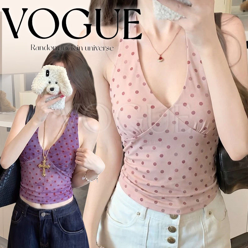 Vogue🌟พร้อมส่ง🌟 เสื้อคล้อคอลายจุด ผ้าตาข่ายยืดตามตัว สีสันสดใสดีไซน์ย้อนยุคเก๋ๆ (FY5156)