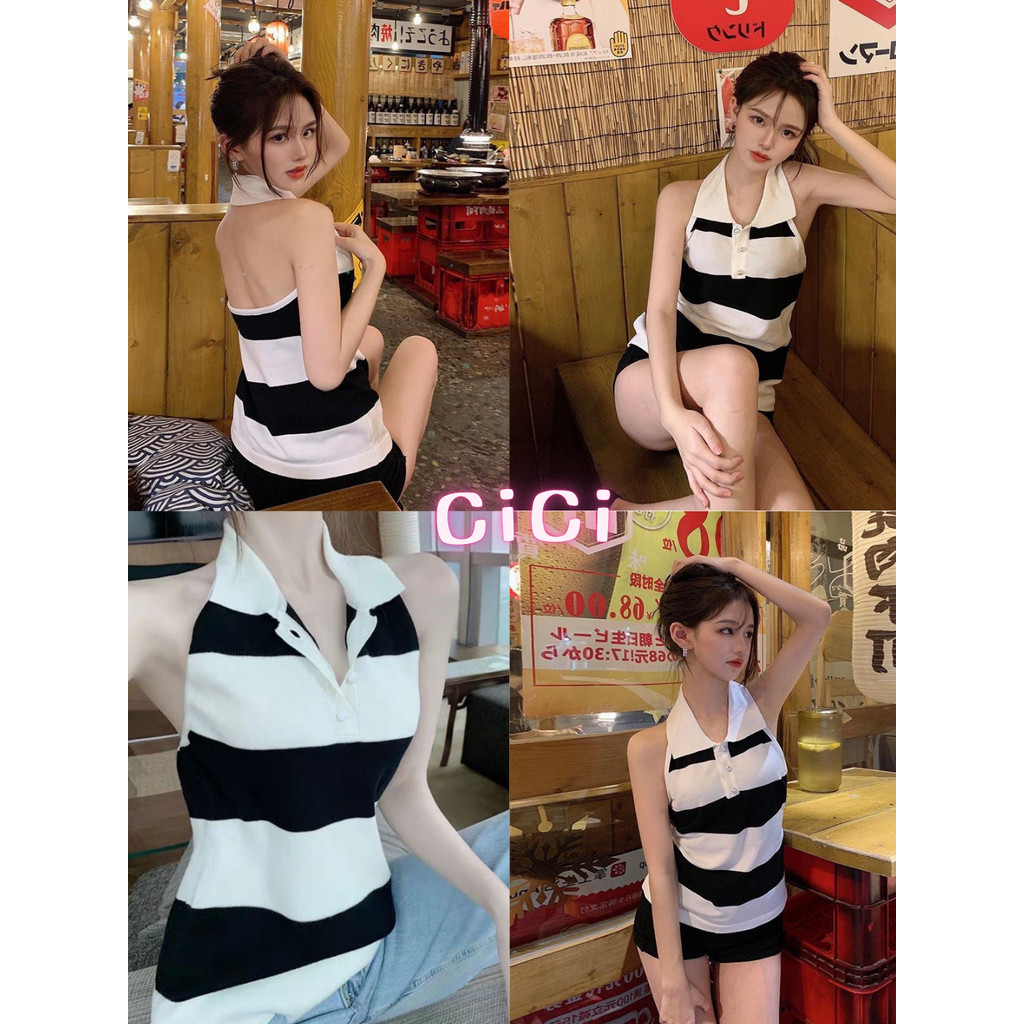 ส่งทันที Cici(NO.  390)เสื้อไหมพรม คล้องคอ น่ารักปนแซ่บ ลายทาง ดีเทลโชว์หลังมีกระดุมหน้า